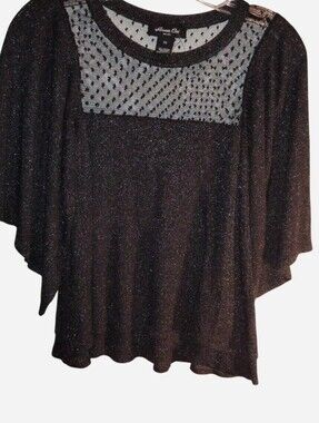 Anna Cai NY Metallic Shimmer Knit Top XS - Black Silver Mesh Illusion Neckline